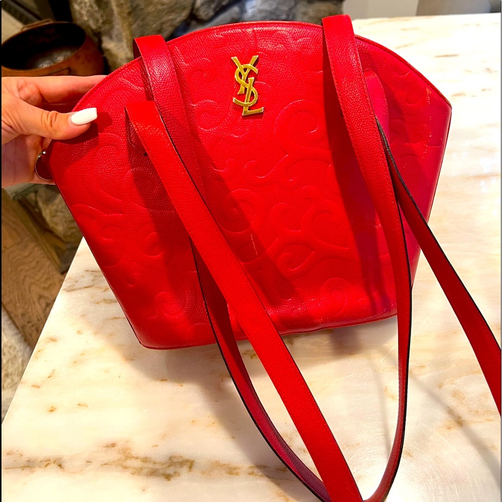 YSL Yves Saint Laurent Vintage Red Leather Arabesque hand bag! Very Rare